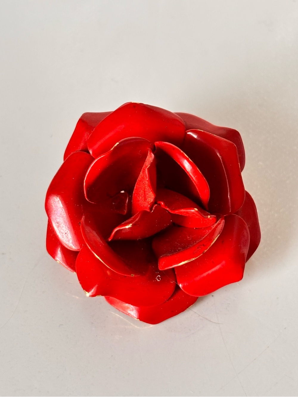 Vintage Metal Enamel Red rose Brooch, Dimensional Mid 1960s Floral Pin, Red Rose
